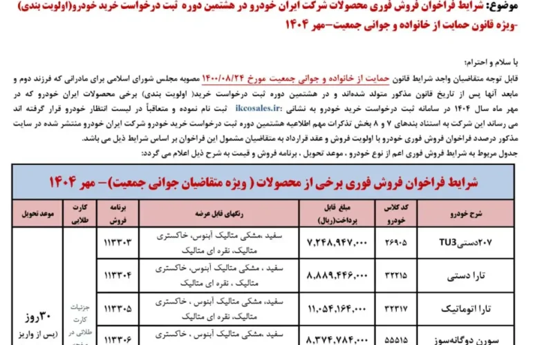 شرایط فروش طرح مادران ایران خودرو اعلام شد